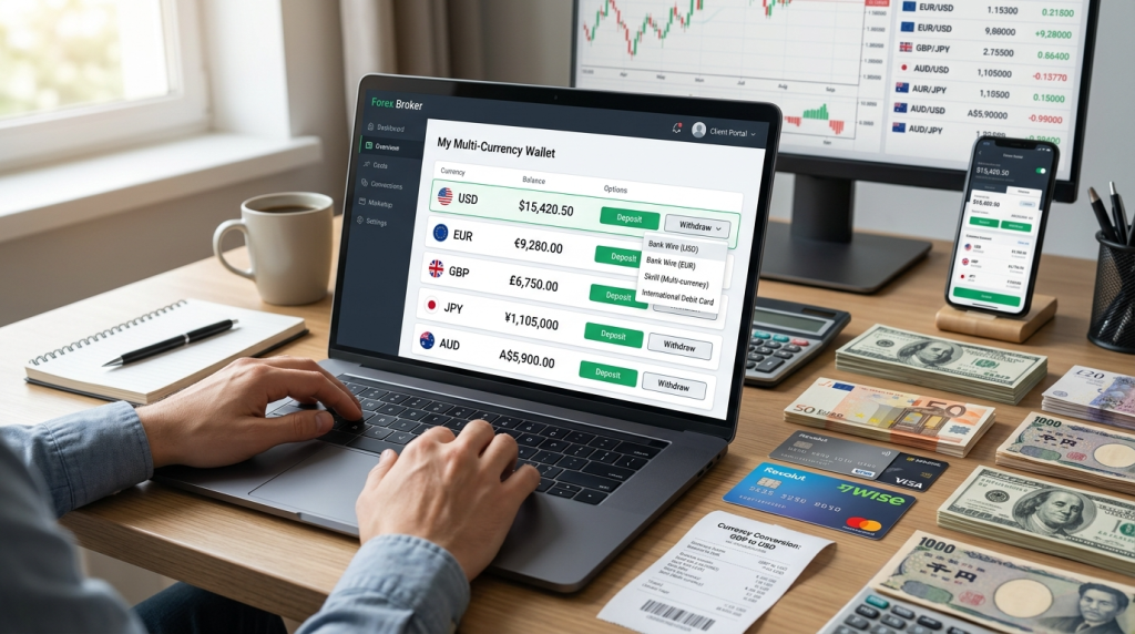 "Laptop showing multi-currency wallet with various banknotes, currency symbols, exchange rates, and international payment options"