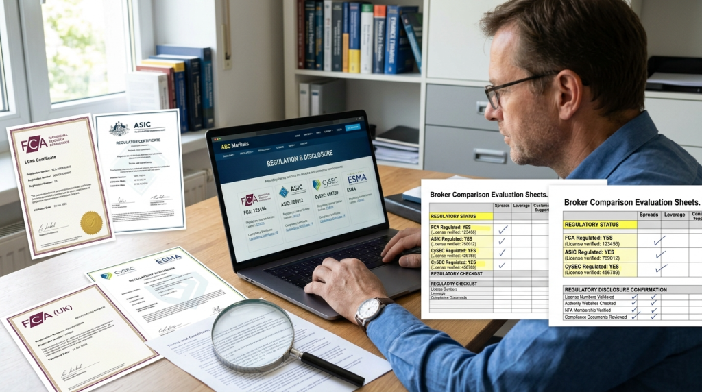 "Laptop showing broker disclosures with regulatory certificates, magnifying glass, verification checklist, and license documents"