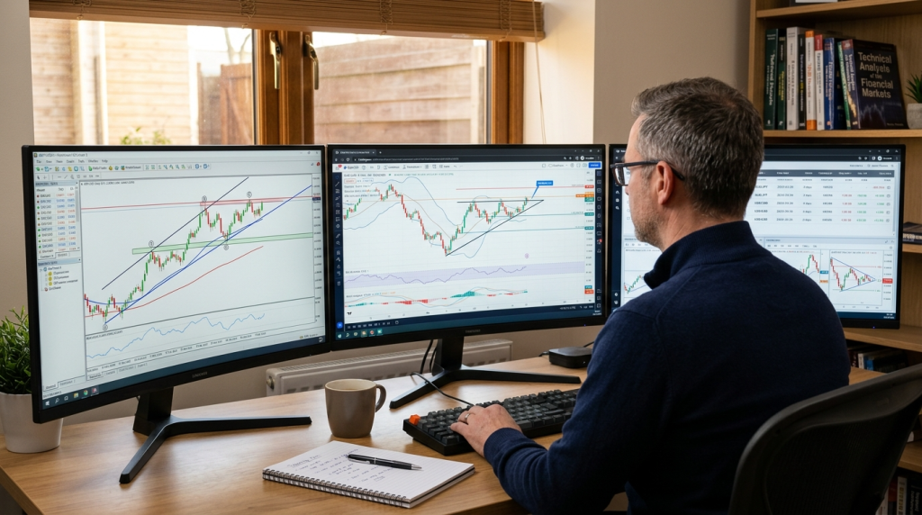 "Multiple monitors showing swing trading platforms with daily charts, trend lines, MACD indicators, and relaxed workspace setup"