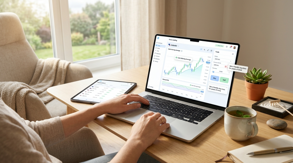 "Peaceful home office with laptop showing intuitive forex platform, tea cup, plant, and natural light creating calm atmosphere"