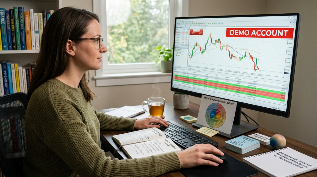 "Calm trader at demo trading platform with emotion journal, mood tracker, psychology books, and meditation tools on desk"