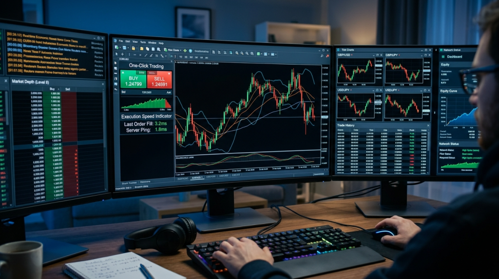 "Multiple monitors showing fast-execution scalping platforms with tick charts, one-click trading, and millisecond speed indicators"