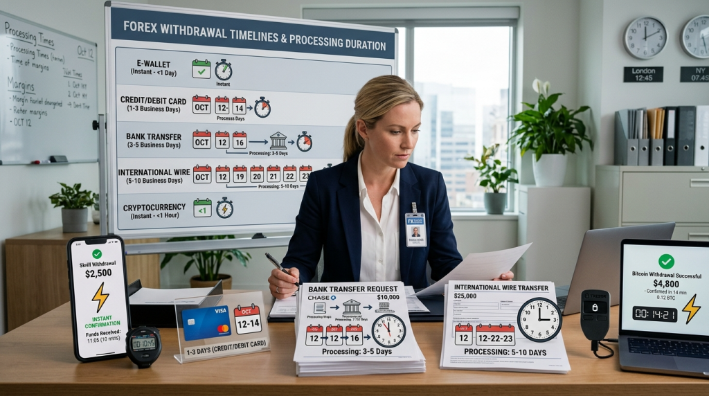 "Timeline board with clocks, calendars, payment methods, and progress bars showing different forex withdrawal processing durations"