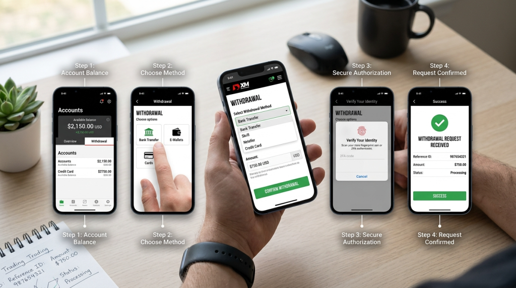 "Multiple smartphones showing step-by-step forex withdrawal process with payment options, verification, and confirmation screens"