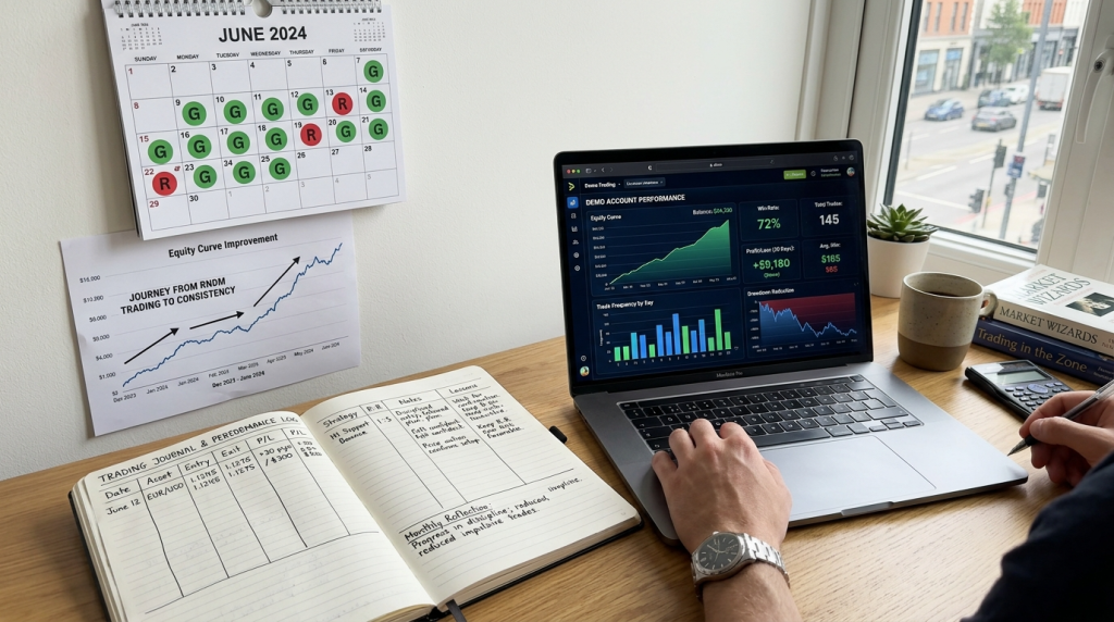 "Desk with trading journal, performance charts, laptop showing analytics, calendar, and progress graphs tracking demo trading improvement"