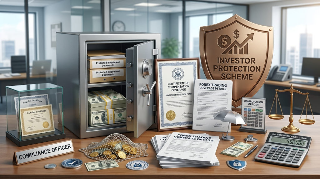 "Shield, vault with protected funds, compensation certificates, umbrella and safety net showing investor protection schemes"