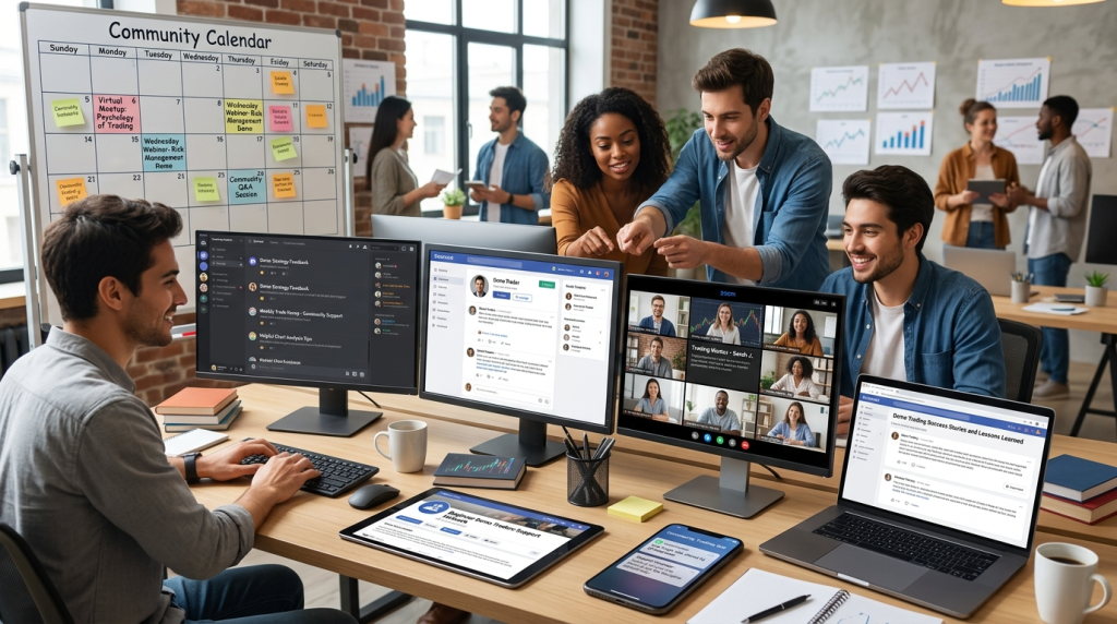 "Multiple screens showing trading forums, video calls with mentors, chat groups, and collaborative demo traders in supportive community"