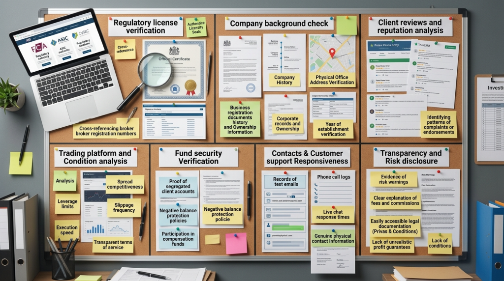 "Investigation workspace with seven sections: regulatory checks, company records, reviews, audits, terms, support tests, platform verification"