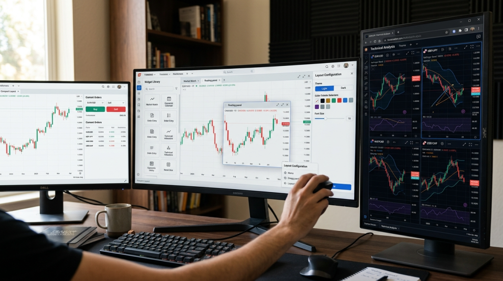 "Multiple monitors showing customizable forex platforms with different layouts, themes, and drag-and-drop interface elements"