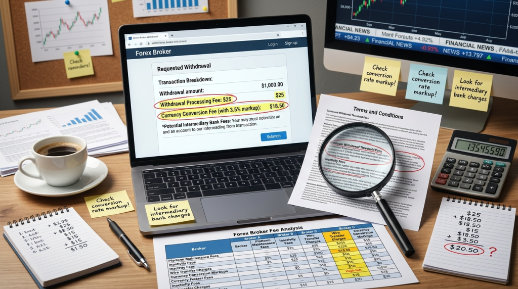 "Magnifying glass on fee documents with calculator, receipts showing hidden charges, and comparison sheets revealing withdrawal costs"