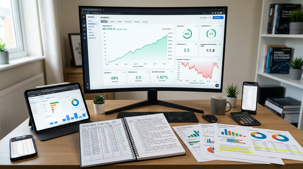 "Monitor showing demo trading analytics with equity curves, win rates, trading journal, performance graphs, and KPI tracking dashboard"