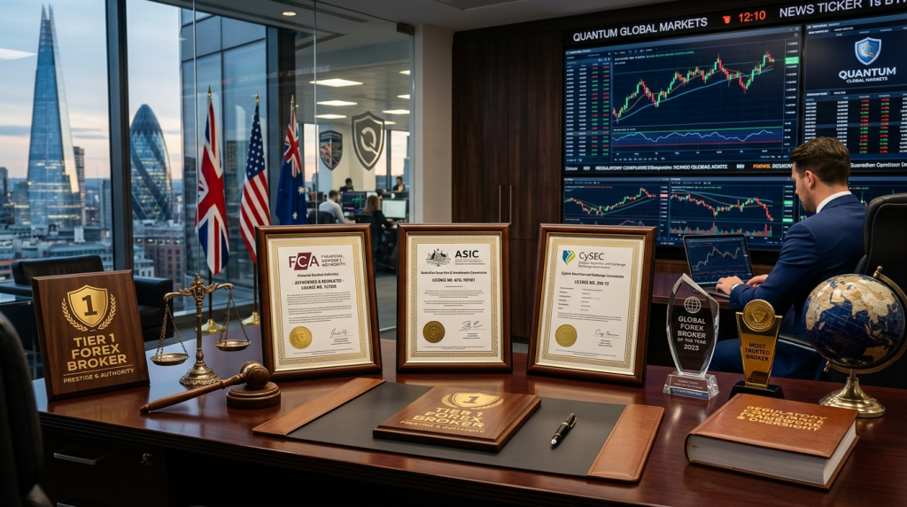 "Executive desk with framed regulatory licenses, gold seals, trophies, scale, and shield representing Tier 1 forex brokers"