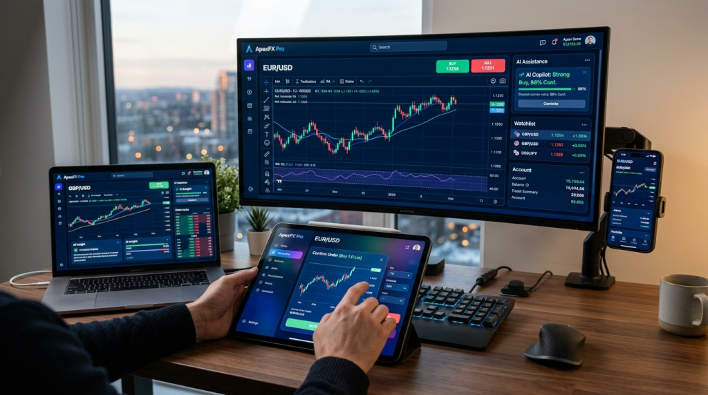 "Multiple devices showing synchronized modern forex trading interfaces with clean UI, including monitor, laptop, tablet, phone"