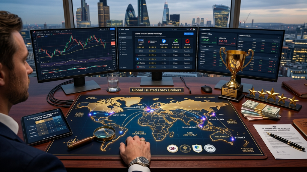 "World map with illuminated financial centers, gold trophies, five-star ratings, and regulatory badges showing top forex brokers"