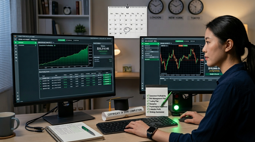 "Two monitors showing demo and live trading platforms with checklist, green traffic light, and transition readiness indicators"