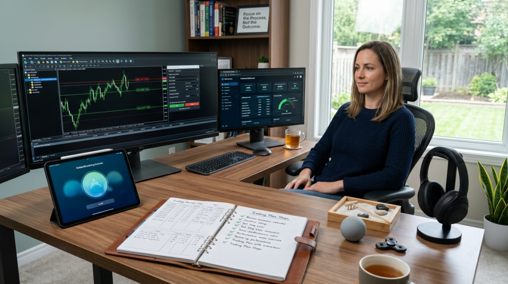 "Organized trading desk with risk management tools, meditation app, journal, zen garden, and plants creating calm environment
