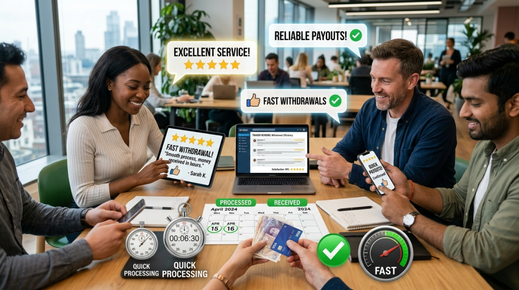 Diverse traders with devices showing five-star reviews, thumbs up, stopwatch, and cash representing withdrawal feedback"