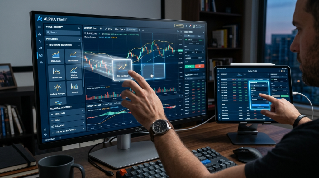 "Hand dragging interface elements on touchscreen trading platform with highlighted drop zones and modular components"