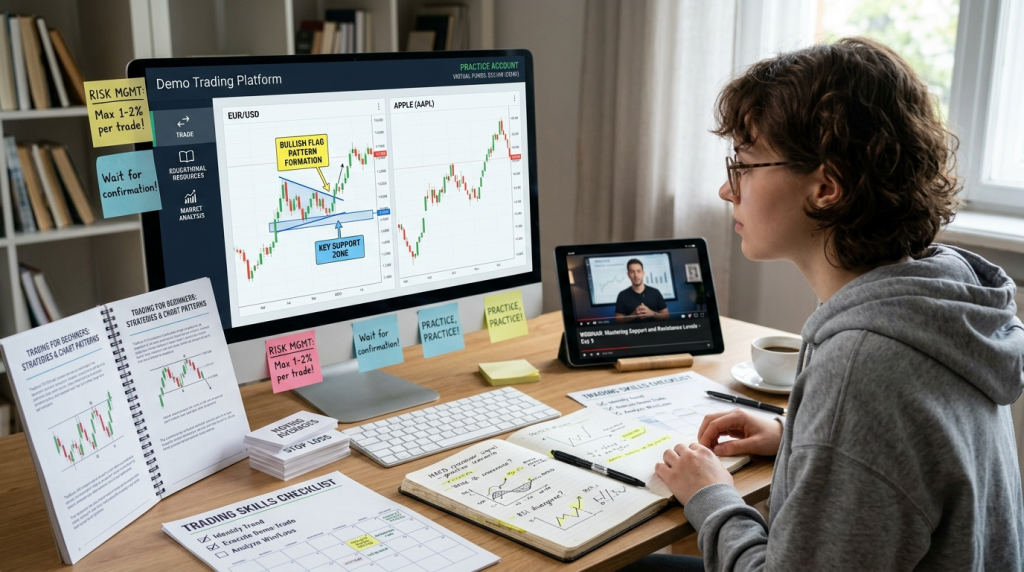 "Student at desk with demo trading platform, guidebook, notebook, and educational materials for mastering trading skills"