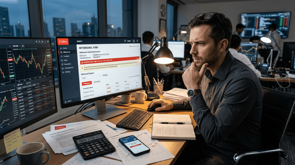 Trader reviewing forex withdrawal limits on computer screen with daily transaction restrictions and balance notifications