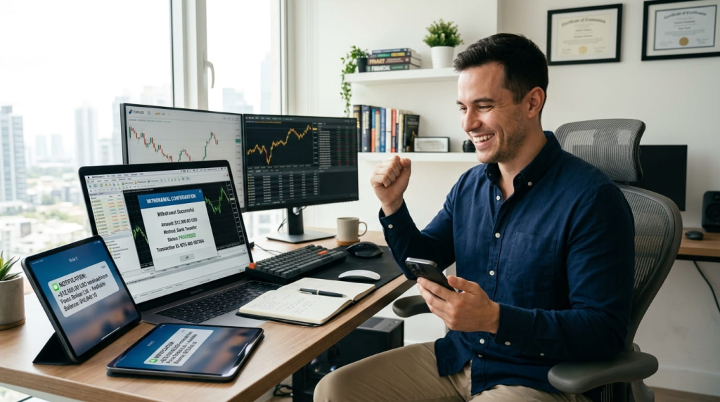 Withdraw forex earnings with successful profit transfer and banking confirmation