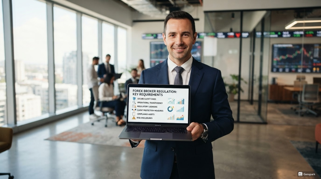Professional man in a suit holding a laptop displaying a Forex broker regulation infographic.
