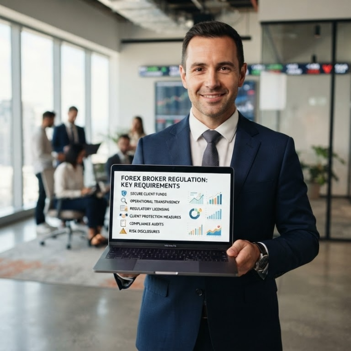 Professional man in a suit holding a laptop displaying a Forex broker regulation infographic.