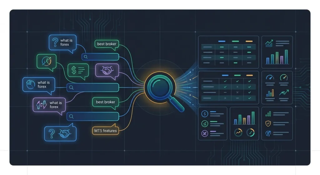 Forex Brokers Net visualizes forex trading intent queries like "what is forex" and "best broker" leading to detailed analysis