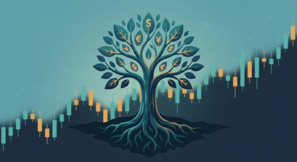 Forex Brokers Net image: Evergreen financial growth tree with currency leaves (USD, EUR, JPY) and rising forex candlestick ch
