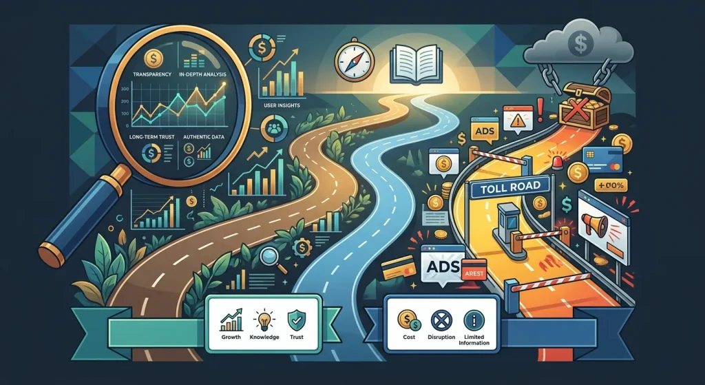 Forex Brokers Net: Two paths illustrating organic, transparent forex broker reviews vs. paid ads with limited information and