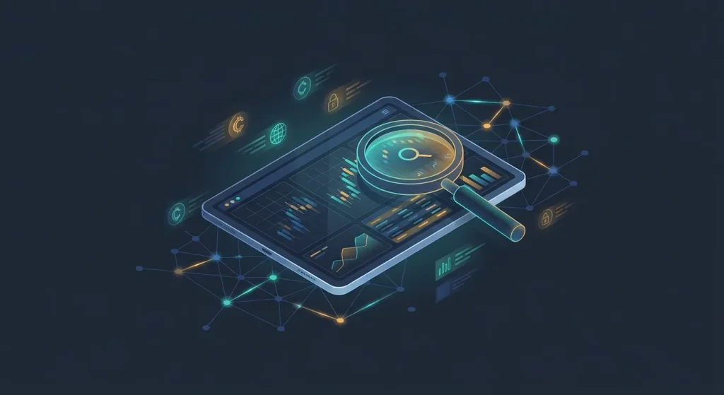 Forex Brokers Net: Isometric illustration of a tablet with financial charts and a magnifying glass, symbolizing Forex broker