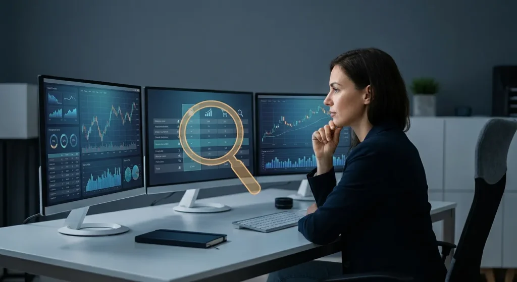 Forex Brokers Net: Woman analyzing financial data on multiple screens with a magnifying glass, symbolizing deep research for