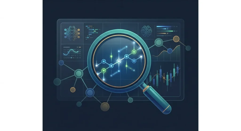 Forex Brokers Net: Magnifying glass over digital data interface, symbolizing AI-driven analysis of long-tail forex broker que