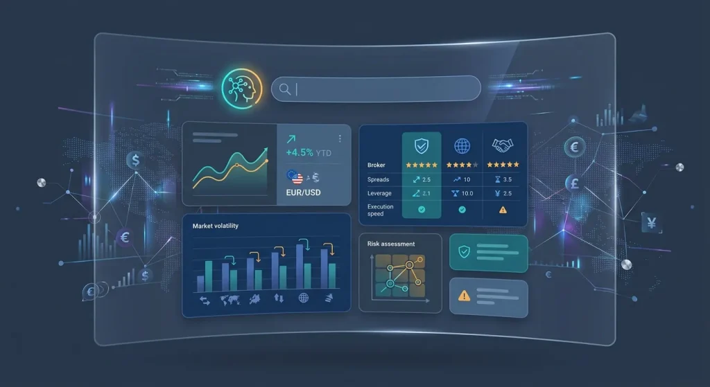 Forex Brokers Net AI interface for forex broker reviews, displaying ratings, market data, and risk assessment for informed tr