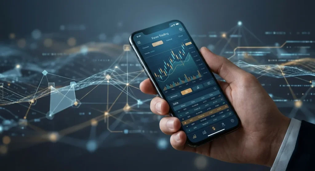 Forex Brokers Net: Hand holding smartphone with Forex Trading app, showing market charts and data, symbolizing a smart forex