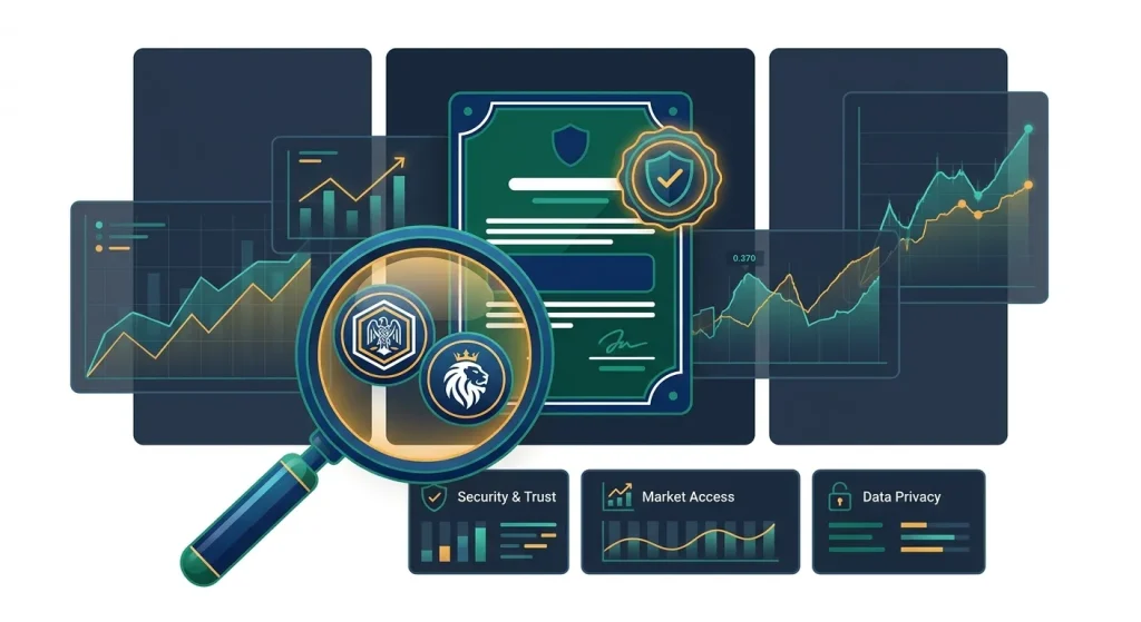 Forex Brokers Net: Magnifying glass analyzing forex market charts, regulatory compliance document, and icons for security, ma