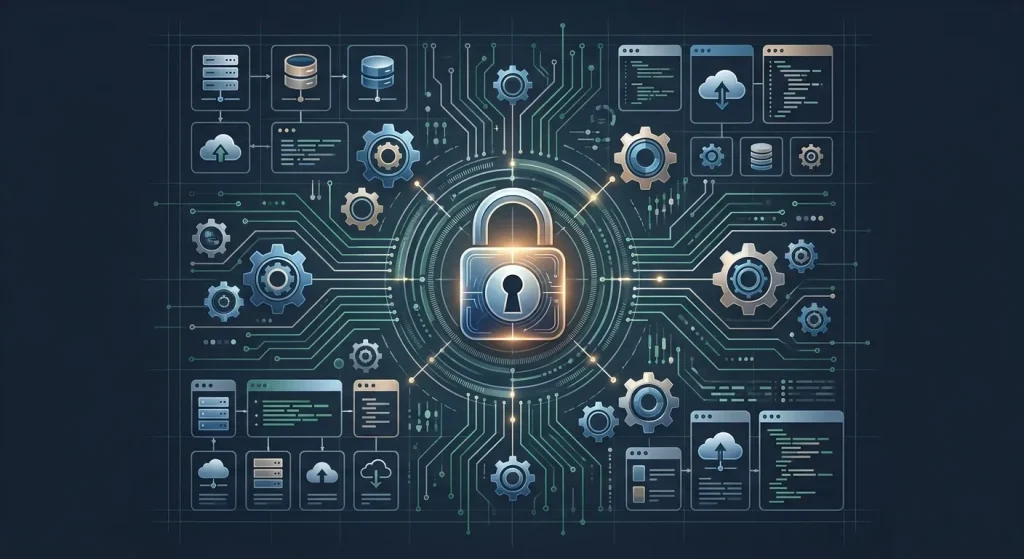 Forex Brokers Net technical SEO infrastructure with padlock, servers, databases, and gears, symbolizing secure and optimized
