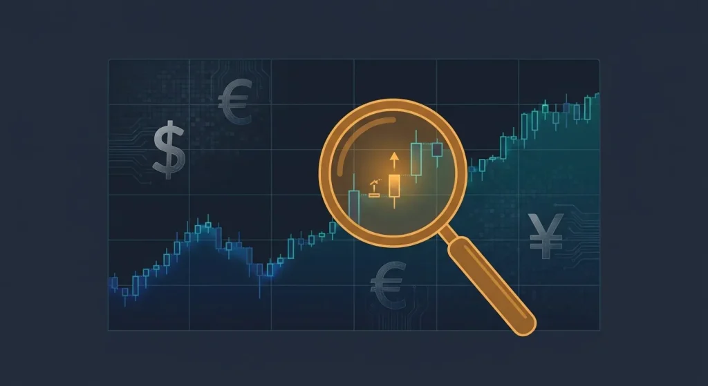 Forex Brokers Net image showing a magnifying glass analyzing a candlestick chart with currency symbols, illustrating pip move
