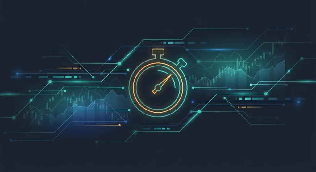 Forex Brokers Net: Digital stopwatch with financial charts and circuit lines, symbolizing critical forex website page speed f