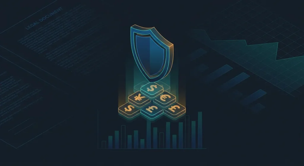 Forex Brokers Net: Shield protecting currency symbols ($, ¥, €, £) over financial charts, symbolizing regulated forex broker