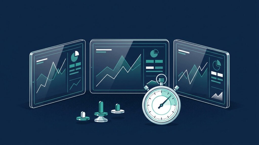 Abstract trading panels and stopwatch illustrating forex broker execution comparisons
