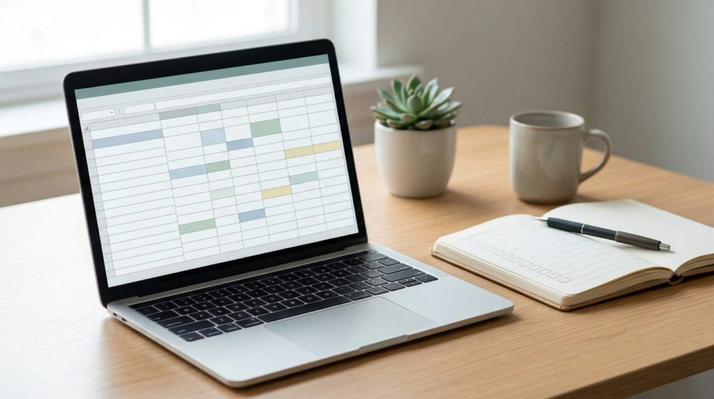 Forex broker comparison checklist shown as a spreadsheet-style table on a laptop beside notes