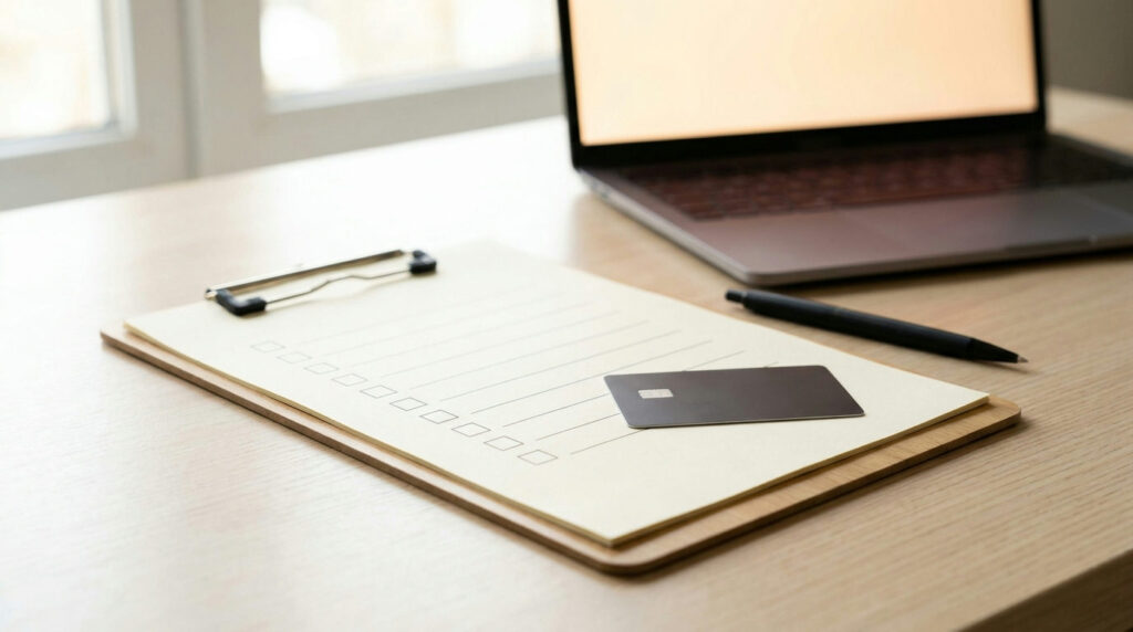 Forex broker withdrawal checklist on a clipboard beside a laptop and bank card