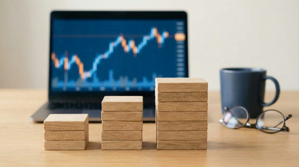 Forex lot sizes shown as stacked blocks of different sizes beside a trading screen