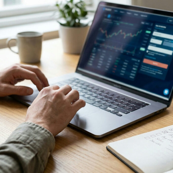 Forex order types shown as a trader preparing an order ticket on a laptop