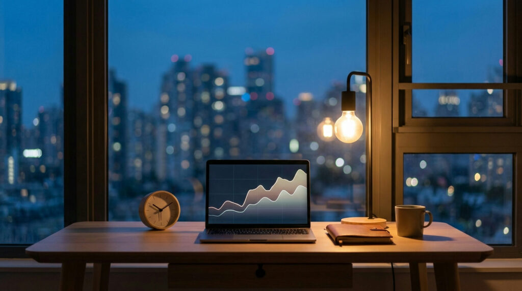 Forex swap fees represented by a desk clock at night beside an open trading position