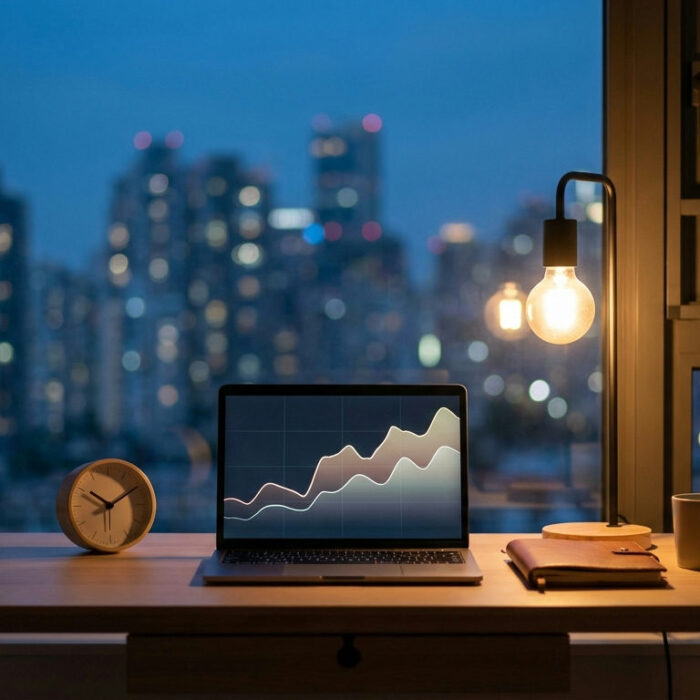 Forex swap fees represented by a desk clock at night beside an open trading position