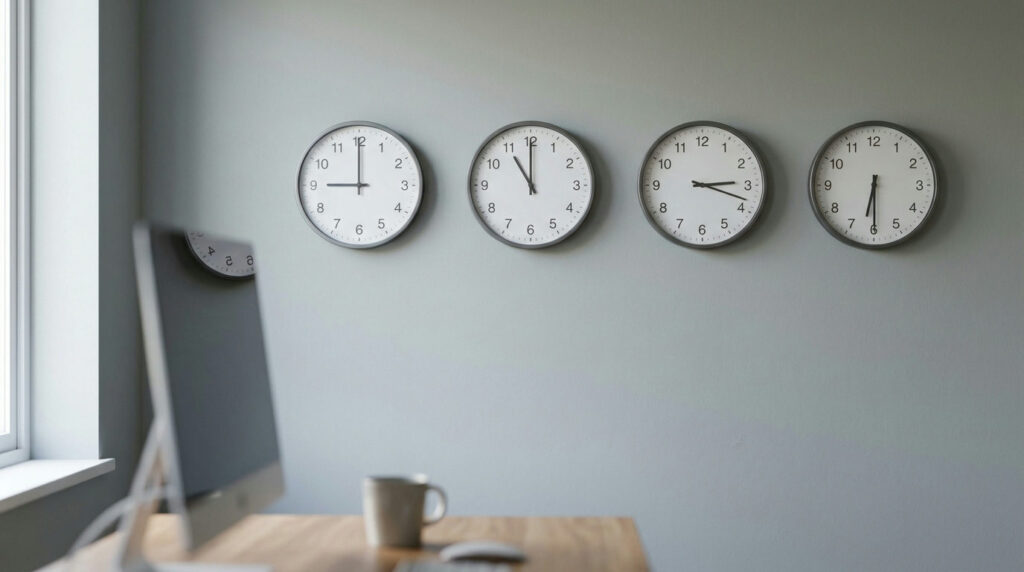 Forex trading sessions shown as four wall clocks set to different city times