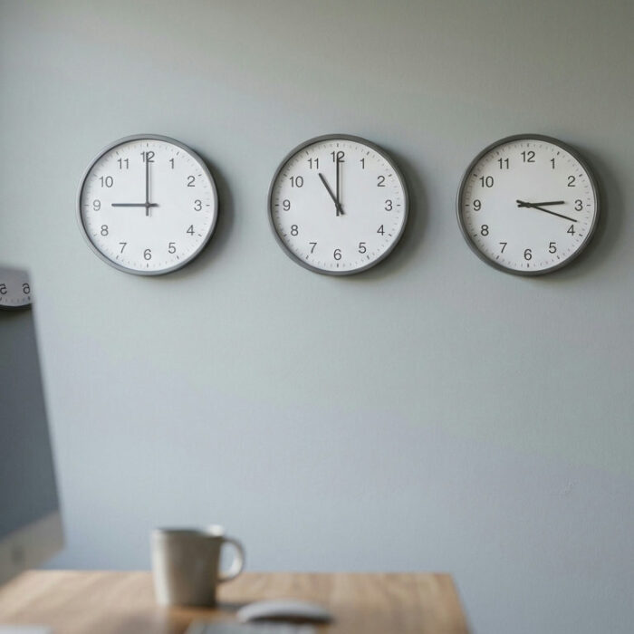 Forex trading sessions shown as four wall clocks set to different city times
