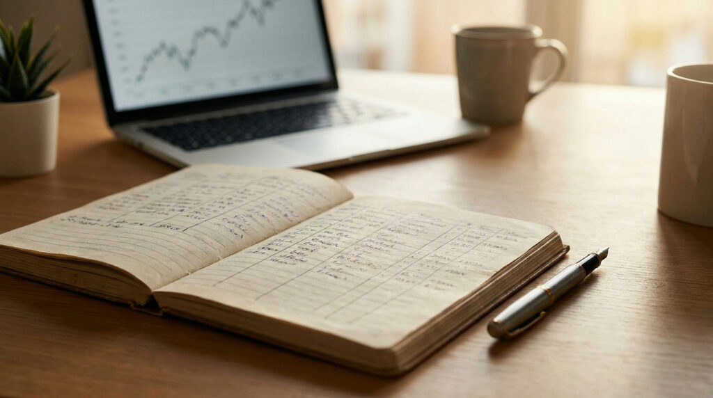 Forex trading journal open on a desk beside a laptop showing a chart